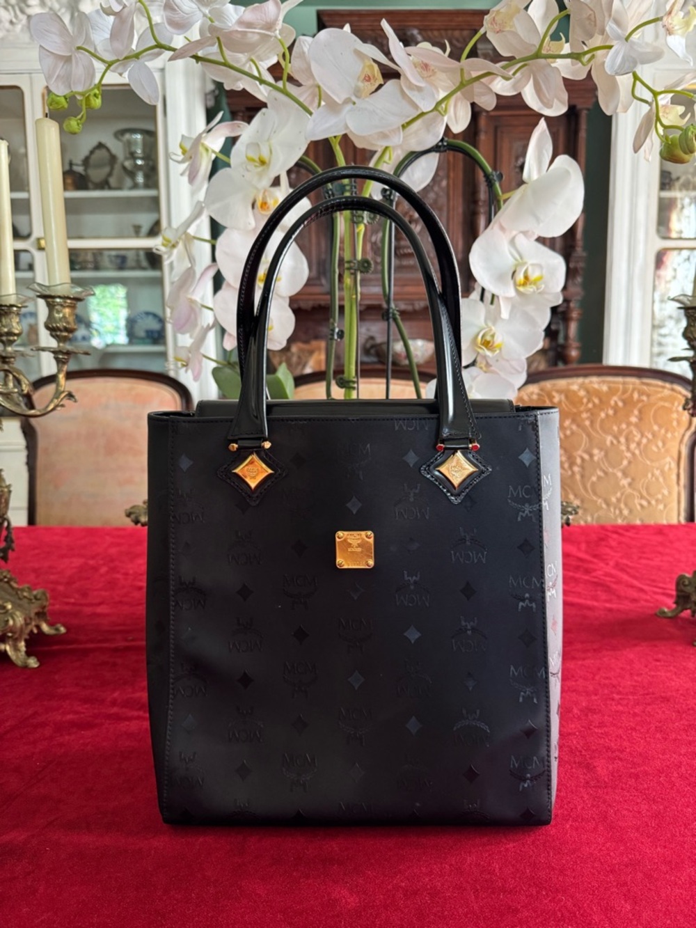 💯Guarantees Authentic MCM Black Embossed Leather Tote with Gold Hardware